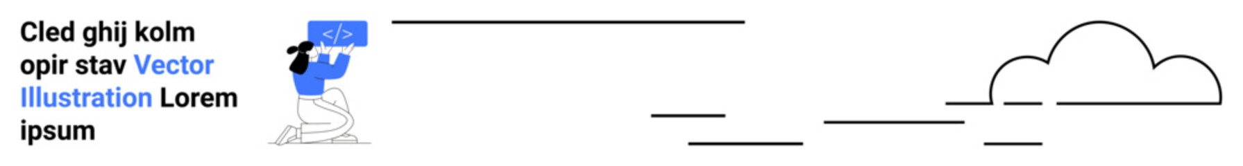 Cloud storage, data access, internet services, digital communication, networking, technology . Woman holding a sign with cloud graphics and minimalist cloud lines. Cloud storage and data access