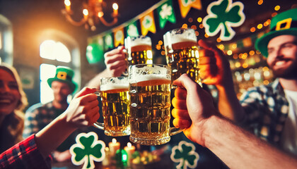 Side-Angle Close-Up of Friends Clinking Beer Mugs in Celebration