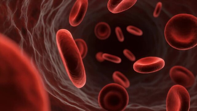 Dynamic 3D animation of red blood cells flowing within a blood vessel showcasing microscopic human circulation and vital biological processes