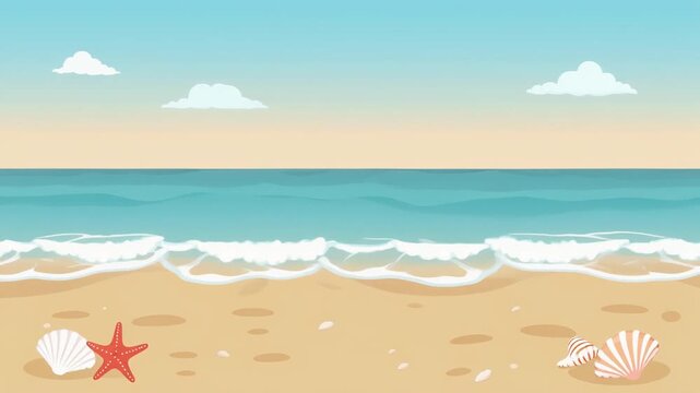 Pixel Art Beach Scene With Gentle Ocean Waves Soft Sand And Seashells
