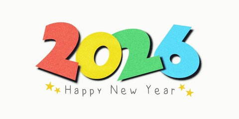 Colorful and cheerful paper cut style typography for 2026, featuring the text 