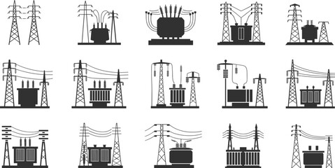 Electrical infrastructure icons, transmission towers, transformers, substations, power lines, black silhouette, grid layout, energy system, industrial design