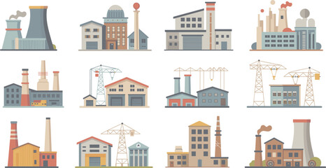 Industrial factory and power plant illustration set showing manufacturing buildings construction cranes energy production flat vector icons 