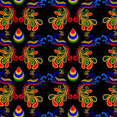 Majestic Peacock and Floral Ornament on Black Background.