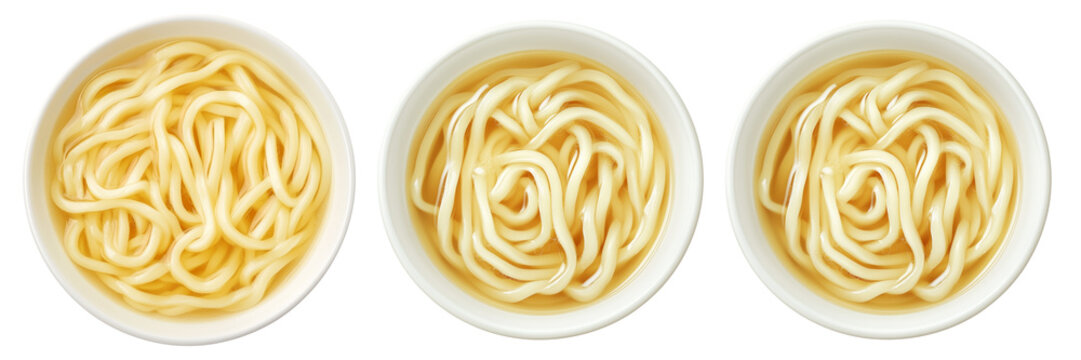 Japanese udon noodles served in light broth, top view and isolated on white background, representing Japanese cuisine