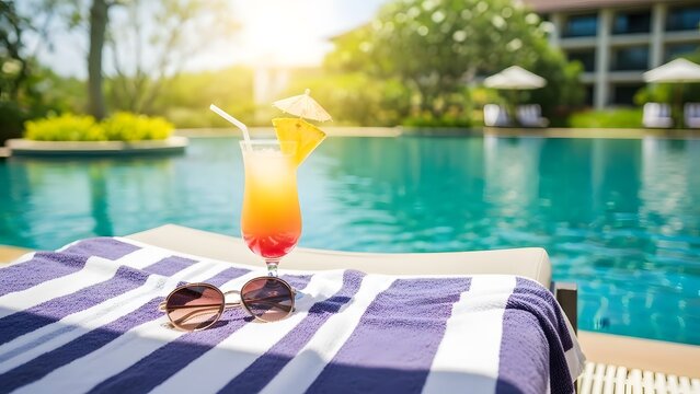 Striped towel with sunglasses and cocktail by a resort swimming pool eyewear