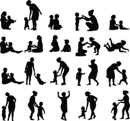 Adult child silhouette, parenting interaction, caregiver gesture, nurturing pose, teaching moment, black vector, white background, isolated illustration, family bond