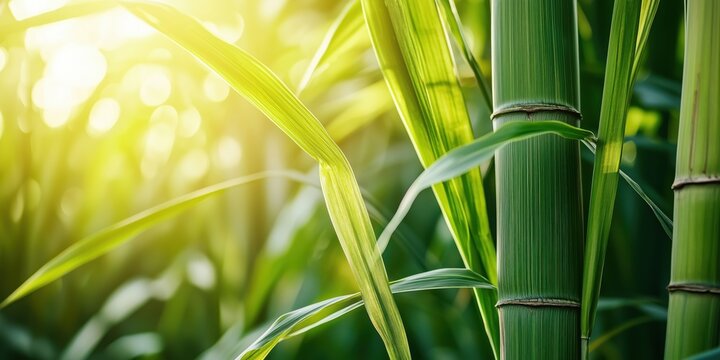 Close-up of green sugarcane stalks and leaves illuminated by warm sunlight.