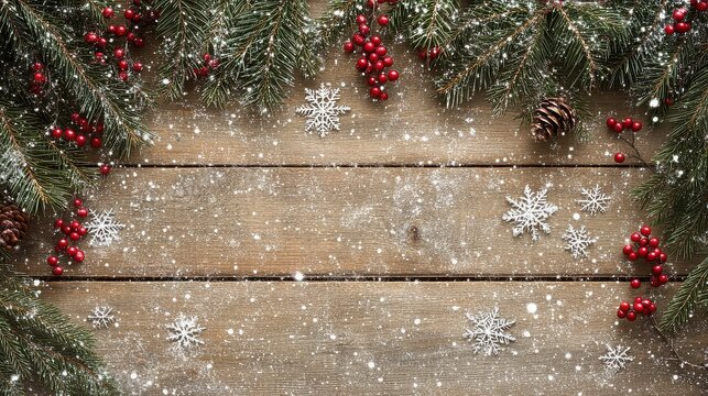 Christmas background with pine branches berries snowflakes and snow on wooden boards surface view from above - Powered by Adobe