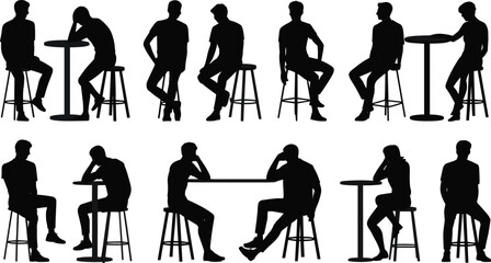 Sitting men silhouette collection, casual male poses on stools and tables, relaxed body language, black isolated figures, minimal white background
