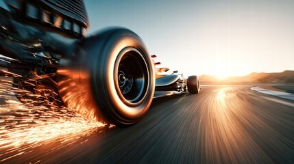 Fototapeta premium A close-up shot of a Formula 1 car speeding down a race track at sunset.
