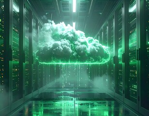 Illuminated cloud-like structure in a data center with servers
