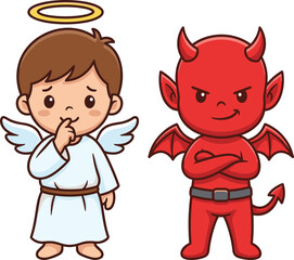 Cute angel and devil cartoon characters, moral choice concept, good versus evil illustration, child fantasy design for kids education art
