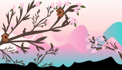 Spring Blossom Landscape with Birds and Birdhouses Silhouette  