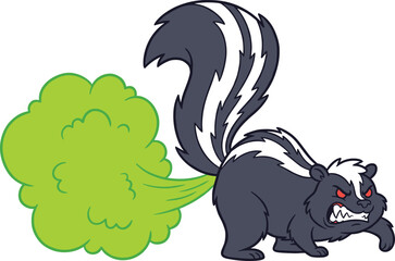 Funny, cartoon, skunk, spraying, green, stink, cloud, angry, animal, character, illustration, humorous, wildlife, mascot, comic, style, smelly, joke, graphic, concept