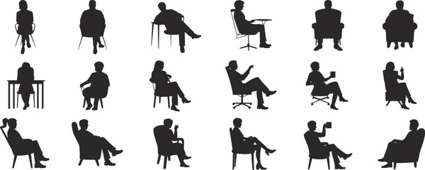Seated silhouette figures, chair posture, body language, sitting styles, black silhouette, human form, gesture, design, ergonomics, reference