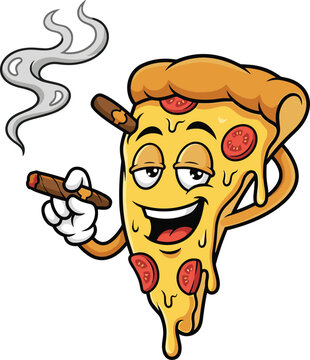 Naklejki Funny, cartoon, pizza, slice, character, smoking, cigar, cheesy, illustration, food, mascot, humor, fast, food, design, playful, junk, snack, comic, style