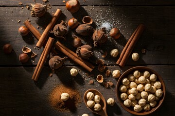 Flat Lay Composition of Hazelnuts (Shelled and Unshelled) with Cinnamon Sticks on a Dark Rustic Wooden Background, Natural Light for Baking, Coffee, and Gourmet Ingredient Content