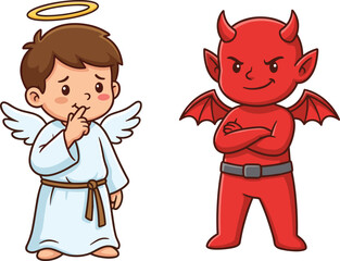 Cute angel and devil cartoon characters, good versus evil concept, moral choice illustration, heavenly and demonic children design