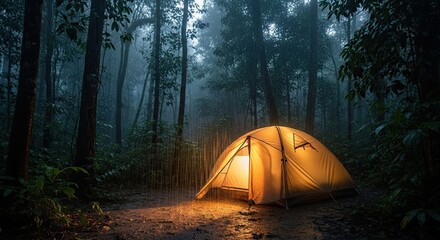 Illuminated camping tent glowing warmly in a dark misty forest during a light rain shower on a wet muddy ground at night