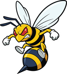 Angry bee cartoon character flying, aggressive insect mascot illustration, sporty action design, energetic fantasy animal concept art