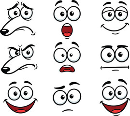 Cartoon facial expressions set, funny emotive faces collection, eyes mouth emotions illustration, comic reaction icons design pack