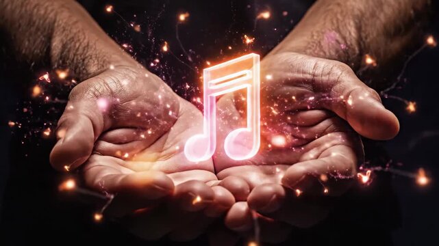 Mans hands cupping glowing pink music note. Neon musical symbol held in palms. Digital sound and creative music inspiration concept.