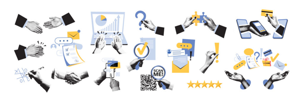 Halftone collage of business elements. Shaking hands, online credit card payments, multitasking, and management. Technology, startups, ideas, and teamwork concepts. Modern vintage vector illustration.
