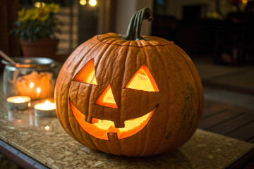 Spooky, glowing pumpkin decoration with a grinning face resting on a step outside a house at nighttime.