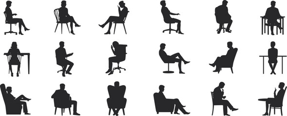 Office people silhouette collection, sitting chairs desks poses, business men women figures, black isolated set, minimal design, white background, studio