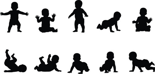 Baby silhouette, crawling infant, sitting toddler, standing child, lying pose, rolling baby, black vector, white background, isolated illustration, motor skills