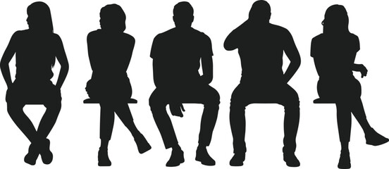 People sitting silhouette collection showing men and women poses on chairs minimalist black vector illustration isolated on white background