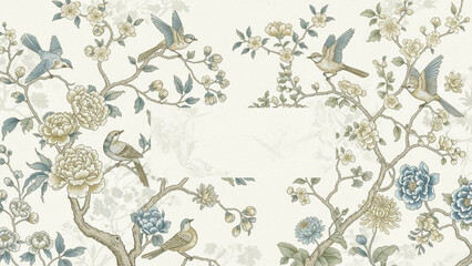 Chinoiserie wallpaper with birds and blooming flowers vintage floral pattern for interior design elegant and classic textile backg