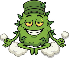 Funny, green, cannabis, character, meditating, cartoon, illustration, relaxed, smiling, weed, mascot, humor, chill, lifestyle, concept, playful, design, modern, icon, graphic
