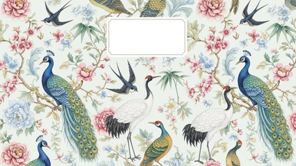 Fototapeta premium Exotic birds and floral pattern vintage illustration of peacocks cranes and swallows with peonies and bamboo for textile or wallpa