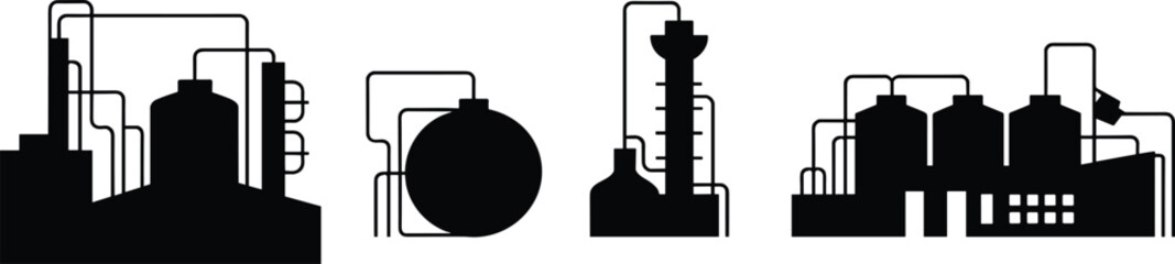 Industrial factory silhouette set with pipes tanks refinery buildings minimalist black vector illustration isolated on white background for energy industry