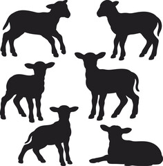 Lamb silhouettes, standing and lying, black silhouette, animal poses, sheep illustration, farm animal, nature, livestock, cute, wooly, peaceful