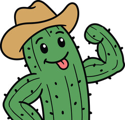 Cute, cartoon, cactus, character, wearing, cowboy, hat, smiling, funny, illustration, plant, mascot, playful, western, style, desert, humor, green, design, concept