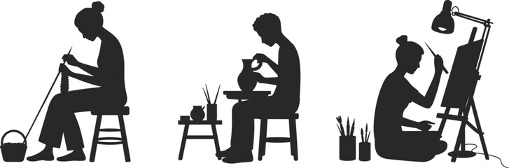 Creative artists silhouette set, knitting pottery painting crafts, women handmade artwork activities, black isolated figures, studio lifestyle illustration, white background