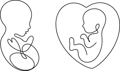 Fetus line art, prenatal silhouette, curled baby, heart shape, pregnancy symbol, black vector, white background, isolated illustration, love, life