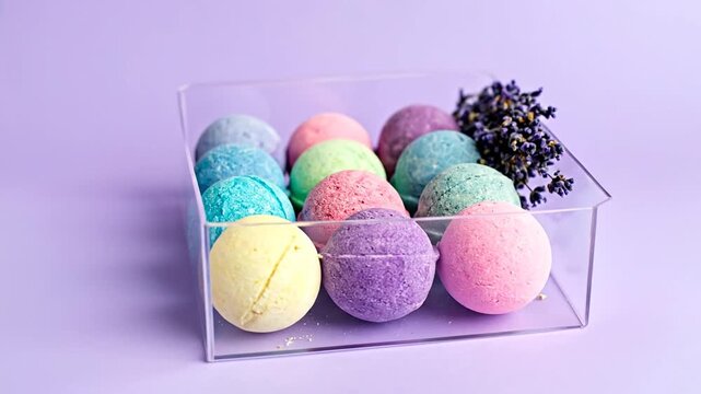 Colorful bath bombs in a clear container with lavender on purple background, spa theme