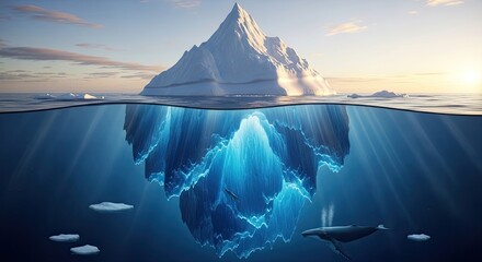 Massive iceberg revealing its vast submerged structure with glowing blue ice underwater, alongside a whale and small fish in the deep ocean at sunset