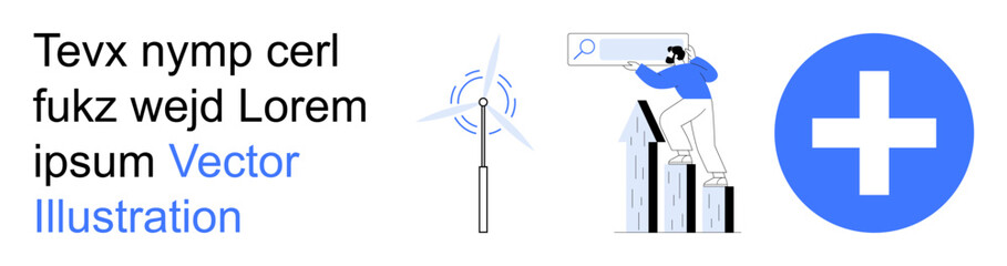 Obraz premium Renewable energy, data analysis, healthcare, sustainability, digital research, search tools. A wind turbine, bar graph with a person searching and healthcare symbol. Renewable energy and data