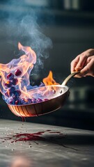 Chef flamb&eacute;ing fresh cherries in a pan with dramatic flames and smoke, creating a delicious dessert sauce.