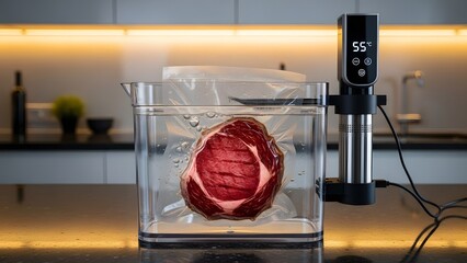 Sous vide cooking a premium steak in a modern kitchen with an immersion circulator set at 55 degrees Celsius.