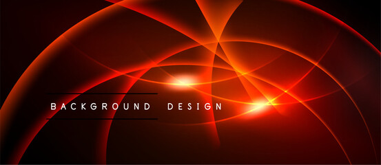 Abstract red design features curved lines, bright glow, dark background. Text reads background design. Modern, dynamic visual.