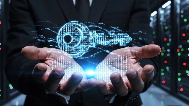 Man in suit holding holographic blue key in data center. Hands presenting glowing digital lock symbol. Futuristic cybersecurity concept for secure access and information protection visualization.