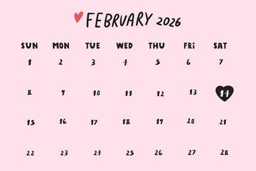 Typographic February 2026 Calendar Vector. No grid. Ideal for social media managers, poster designers, and brands.