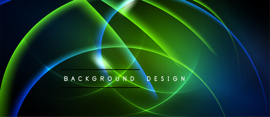 Abstract neon lines create dynamic flow. Vivid green, blue hues blend, forming elegant background design. Modern, futuristic aesthetic.