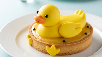 Yellow duck dessert on tart pastry.